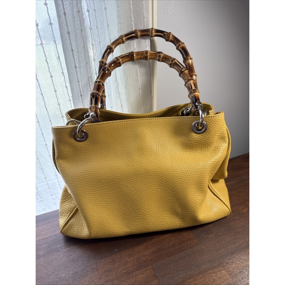 Una Alla Volta Italy Yellow Pebbled Leather Bamboo Handles Handbag Purse